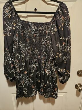 Collection B by Bobeau Black Floral Smocked Top with Orange & White Accents